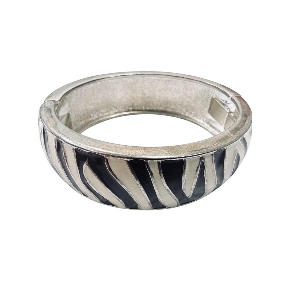 Zebra Print Bracelet Hinged Bangle Chunky Cuff Silver Tone